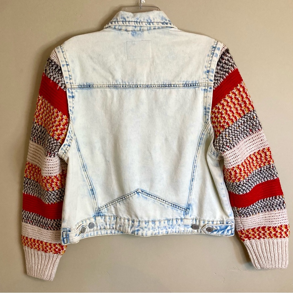 NEW Blank NYC Colorblock Stripe Sweater Sleeve Denim Trucker Jacket Acid Wash M - Picture 11 of 15